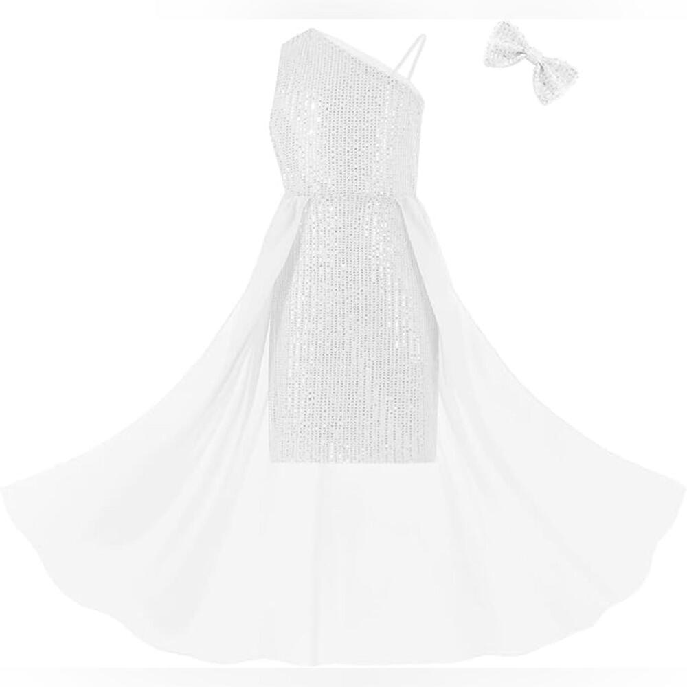 NWOT EXARUS Girles Sparkle Sequin Mesh Party Elegant Dress, White, 10Y